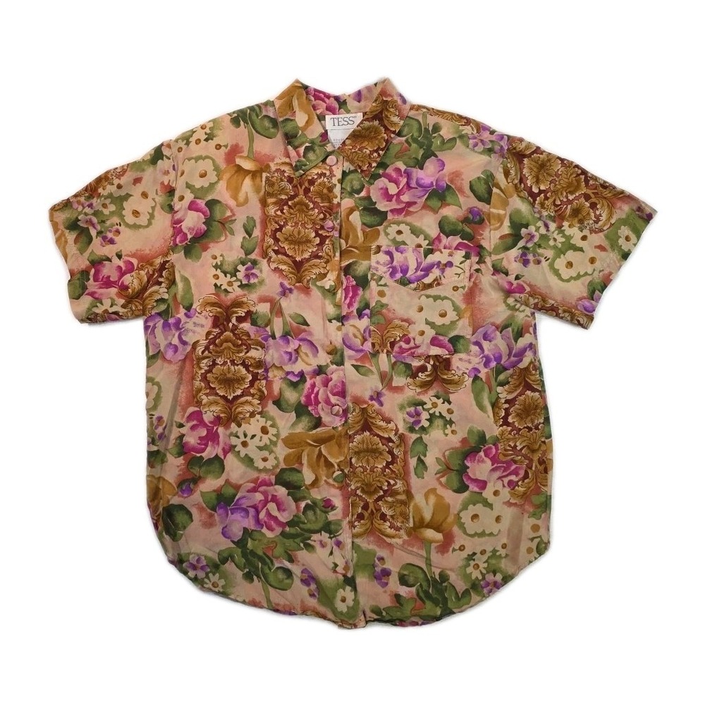 Vintage 100% Silk Floral Button Up Blouse - Size M